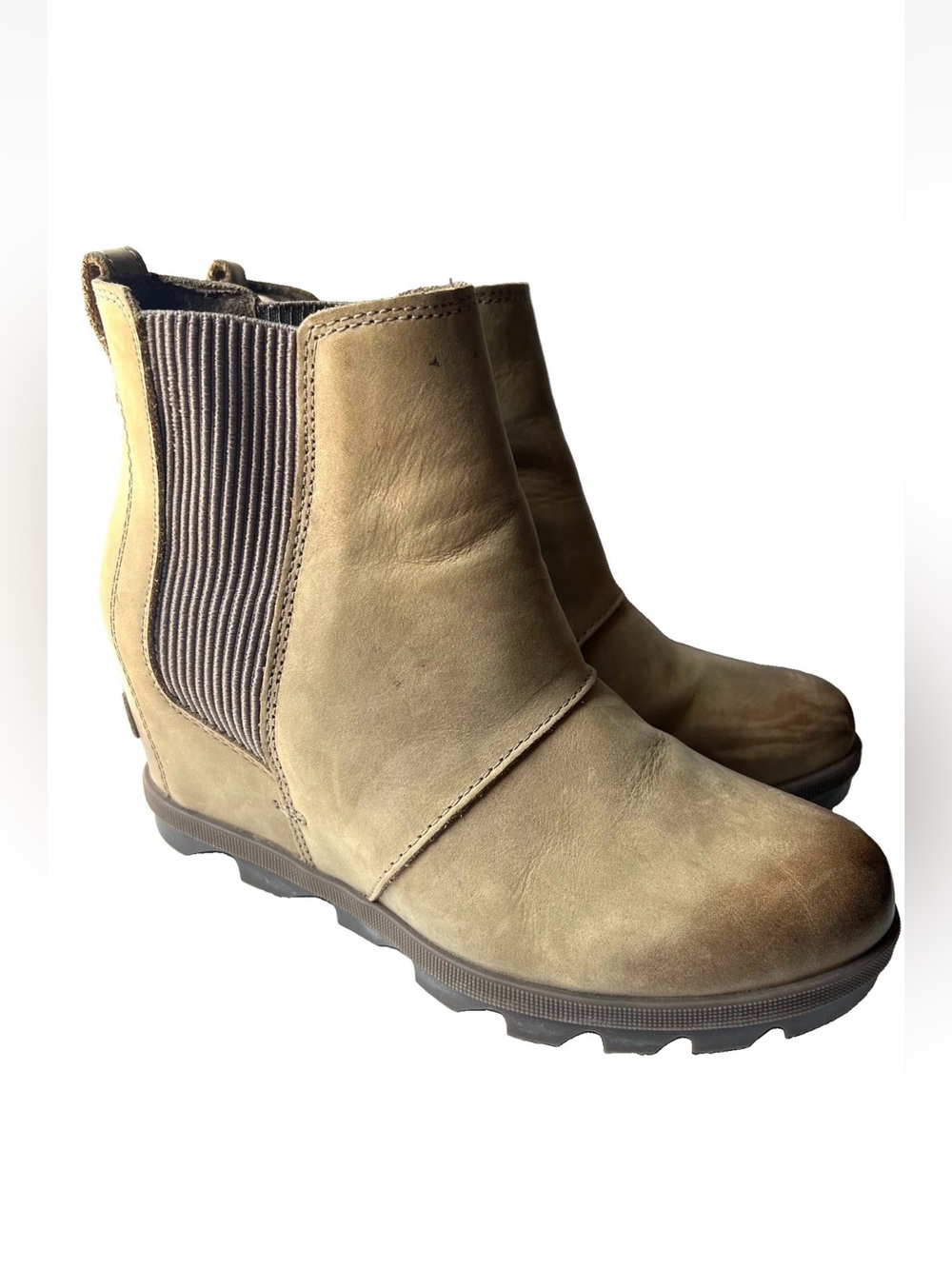 Sorel Joan Of Arctic Wedge II Chelsea Khaki Tan Leather Ankle Booties Boots 8.5